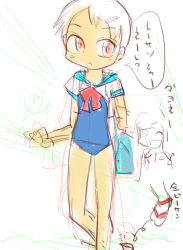 Rule 34 | 1girl, bag, blue one-piece swimsuit, bow, bowtie, flip-flops, hair ornament, hairclip, one-piece swimsuit, open mouth, pink eyes, red footwear, red neckwear, sandals, school swimsuit, school uniform, shirt, short hair, short sleeves, studio abuno culture, swimsuit, swimsuit under clothes, translation request, walking, white background, white hair, white shirt