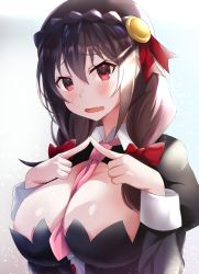 Rule 34 | 1girl, between breasts, black hair, blush, bow, braid, breasts, cleavage, commentary request, fang, fingers together, gesugesu ahoaho, hair between eyes, hair ornament, highres, index fingers together, kono subarashii sekai ni shukufuku wo!, large breasts, long hair, long sleeves, looking at viewer, necktie, open mouth, pink necktie, red eyes, skin fang, solo, upper body, yunyun (konosuba)