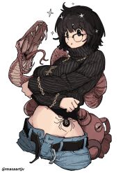 1girl belt black_belt black_hair black_shirt blinky_(hunter_x_hunter) blue_pants breasts cross crossed_arms forked_tongue glasses gold_necklace highres hunter_x_hunter jewelry looking_at_viewer masaartjv navel necklace pants sharp_teeth shirt shizuku_murasaki short_hair simple_background snake sparkle spider_tattoo tattoo teeth tongue twitter_username undressing vacuum_cleaner white_background