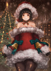 Rule 34 | 10s, 1girl, bare shoulders, blush, breasts, christmas, christmas ornaments, christmas tree, cleavage, dress, gloves, hat, kantai collection, large breasts, looking at viewer, myoukou (kancolle), pantyhose, pine tree, red dress, santa costume, santa hat, short dress, short hair, smile, snow, snowing, solo, strapless, strapless dress, toka (marchlizard), tree