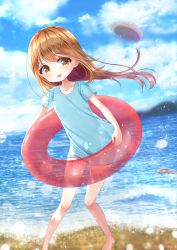Rule 34 | 10s, 1girl, :d, bare legs, barefoot, blue shirt, blue sky, blurry, blurry background, blush, brown eyes, brown hair, character name, clothes writing, cloud, cloudy sky, commentary request, day, depth of field, flat cap, grey hat, hat, hataraku saibou, highres, holding, holding swim ring, innertube, long hair, ocean, open mouth, outdoors, platelet (hataraku saibou), red innertube, sawa (sawasaku), shirt, short sleeves, sky, smile, solo, standing, swim ring, teeth, transparent, upper teeth only, very long hair, water