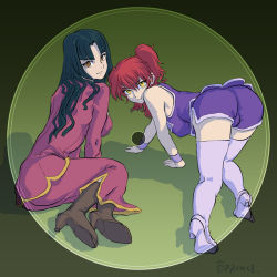 Rule 34 | 00s, all fours, ass, bent over, boots, brown eyes, cameltoe, fat mons, freckles, green hair, gundam, gundam 00, high heel boots, high heels, long hair, long skirt, nena trinity, oprince, red hair, shorts, side ponytail, skirt, thigh boots, thighhighs, wang liu mei, wristband, yellow eyes