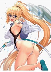 Rule 34 | 1girl, \m/, antenna hair, arched back, ass, back, blonde hair, blue eyes, breasts, competition swimsuit, dolphin, fate/grand order, fate (series), flip-flops, from behind, from side, glasses, hair between eyes, hoop, jeanne d&#039;arc (fate), jeanne d&#039;arc (ruler) (fate), jeanne d&#039;arc (swimsuit archer) (fate), jeanne d&#039;arc (swimsuit archer) (second ascension) (fate), large breasts, long hair, npcpepper, off shoulder, one-piece swimsuit, ponytail, sandals, simple background, smile, solo, standing, standing on one leg, swimsuit, teeth, thighs, upper teeth only, very long hair, water drop, whistle, whistle around neck, white one-piece swimsuit