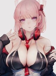 Rule 34 | 1girl, absurdres, between breasts, bikini, bikini top only, blue archive, breasts, eimi (blue archive), hand up, headphones, headphones around neck, highres, large breasts, looking at viewer, necktie, necktie between breasts, nemuneeeeeeeemu, off shoulder, parted lips, pink eyes, pink hair, red necktie, short hair, simple background, sleeves past wrists, solo, swimsuit, upper body, white background, wire, zipper bikini, zipper pull tab