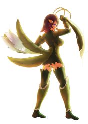 Rule 34 | 1girl, animal hands, antennae, arm blade, arthropod girl, artist request, ass, breasts, brown hair, carapace, extra ears, extra eyes, folded wings, from side, full body, glint, green thighhighs, hand on own hip, highres, insect wings, large breasts, looking at viewer, mantis (monster girl encyclopedia), mantis girl, monster girl, monster girl encyclopedia, monster girl saga, no shoes, open mouth, panties, profile, purple eyes, short hair, simple background, slit pupils, solo, thighhighs, underwear, weapon, white background, wings