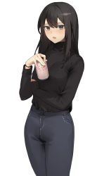 Rule 34 | 1girl, absurdres, beer can, black hair, black sweater, blush, bracelet, can, commentary, cowboy shot, denim, drink can, drunk, hand on own arm, hand up, highres, holding, holding can, jeans, jewelry, lipstick, long hair, looking at viewer, makeup, open mouth, original, pants, simple background, sleeves past wrists, solo, star741, sweater, symbol-only commentary, turtleneck, turtleneck sweater, white background