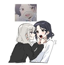 Rule 34 | 2girls, black hair, black sweater, blush, commentary request, cropped torso, danji bang, girls band cry, grey eyes, grey hair, hands on another&#039;s cheeks, hands on another&#039;s face, kawaragi momoka, korean commentary, long hair, long sleeves, multiple girls, nana (girls band cry), open mouth, shirt, short hair, sidelocks, simple background, sweatdrop, sweater, upper body, white background, white shirt, yellow eyes