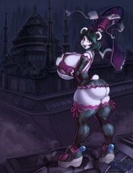 Rule 34 | 1girl, animal ears, ass, black hair, boots, breasts, choker, curvy, elbow gloves, eyebrows hidden by hair, eyelashes, freedom planet, from behind, from side, frown, furry, gloves, grabbing own breast, high heel boots, high heels, highres, huge ass, huge breasts, lingerie, lipstick, looking at viewer, looking back, makeup, nail polish, neera li, night, open mouth, outdoors, palace, panda ears, panda tail, purple hair, rooftop, short hair, sideboob, smile, snao (asj), thick thighs, thighhighs, thighs, underwear, undressing