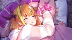Rule 34 | 1girl, ahoge, alternate costume, amane kanata, asacoco, bed, blonde hair, blunt bangs, closed eyes, closed mouth, commentary, commentary request, dakimakura (object), dragon girl, dragon horns, dragon tail, fake tail, fang, from side, heart, heart print, highres, hololive, hood, hood down, hoodie, horns, indoors, kiryu coco, light blush, long hair, long sleeves, lying, multicolored hair, on side, orange hair, pajamas, pillow, pointy ears, print pillow, sidelocks, skin fang, sleeping, solo, streaked hair, striped, stuffed toy, symbol-only commentary, tail, tsunomaki watame, upper body, virtual youtuber, yes, yes-no pillow, yuyaiyaui