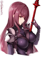 Rule 34 | 1girl, armor, bodysuit, breasts, ebifurya, fate/grand order, fate (series), gae bolg (fate), hair intakes, highres, holding, holding weapon, large breasts, leotard, long hair, pauldrons, polearm, purple bodysuit, purple hair, purple leotard, red eyes, scathach (fate), shoulder armor, solo, spear, upper body, weapon