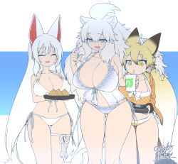 Rule 34 | 3girls, ^ ^, alternate breast size, animal ears, babydoll, bare arms, bare legs, bare shoulders, big hair, bikini, bikini under clothes, blonde hair, blue eyes, bow, bow bikini, bow swimsuit, breasts, brown hair, cleavage, closed eyes, collarbone, cup, dated, drinking, drinking straw, drinking straw in mouth, extra ears, ezo red fox (kemono friends), fang, food, fox ears, fox girl, fox tail, front-tie top, furrowed brow, hair between eyes, halterneck, handheld game console, highres, holding, holding cup, holding handheld game console, holding tray, hood, hood down, hoodie, huge breasts, japari symbol, kemono friends, leaning forward, lion ears, lion girl, long hair, long sleeves, looking at viewer, looking down, multicolored hair, multiple girls, navel, oinari-sama (kemono friends), open clothes, open hoodie, open mouth, orange eyes, playing games, sega, sega game gear, side-by-side, side-tie bikini bottom, side-tie bottom, sidelocks, signature, skindentation, smile, standing, stomach, strap gap, swimsuit, tail, thigh gap, tray, unaligned breasts, very long hair, white bikini, white hair, white lion (kemono friends), yoshida hideyuki