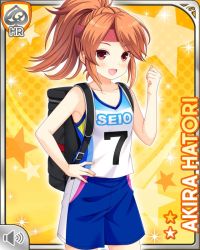 Rule 34 | 1girl, backpack, bag, brown eyes, brown hair, card (medium), character name, clenched hand, girlfriend (kari), hair ornament, hairclip, hand on own hip, hatori akira, headband, official art, open mouth, ponytail, qp:flapper, shirt, shorts, skirt, smile, solo, sportswear, tagme, thinking, track uniform, white shirt, yellow background