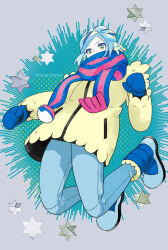 Rule 34 | 1boy, blue footwear, blue mittens, blue scarf, boots, clenched hand, commentary request, creatures (company), dabu (dabuchan), eyelashes, full body, game freak, green eyes, green hair, green pants, grusha (pokemon), highres, jacket, long sleeves, looking down, male focus, mittens, nintendo, pants, poke ball print, pokemon, pokemon sv, scarf, scarf over mouth, solo, striped clothes, striped scarf, watermark, yellow jacket