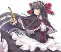 Rule 34 | 00s, 1girl, april (coyote ragtime show), bow, corset, coyote ragtime show, frills, grey hair, gun, hair bow, handgun, holding, holding gun, holding weapon, long hair, looking to the side, maid headdress, nekonote (nekono paraiso), open mouth, pistol, red eyes, simple background, solo, standing, weapon, white background