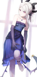 Rule 34 | absurdres, bare shoulders, blue archive, dress, elbow gloves, gloves, highres, hina (blue archive), looking at viewer, medium hair, purple dress, purple eyes, red47 (d3wa47), white hair