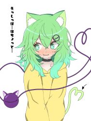 Rule 34 | 1girl, adapted costume, animal ear fluff, animal ears, arrow (symbol), black choker, blush, bright pupils, cat ears, cat girl, cat tail, choker, commentary request, crossed bangs, embarrassed, eyelashes, full-face blush, green eyes, green hair, hair between eyes, heart, heart of string, heart tail, highres, kemonomimi mode, komeiji koishi, long sleeves, looking to the side, medium hair, nervous, nervous smile, nervous sweating, nose blush, open mouth, puffy long sleeves, puffy sleeves, simple background, smile, solo, sweat, sweater, tail, third eye, tokihakonbu, touhou, translated, v arms, wavy hair, white background, white pupils, yellow sweater