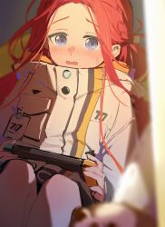 Rule 34 | 1girl, blue archive, blush, bow, feet out of frame, hair bow, handheld game console, highres, jacket, long hair, long sleeves, looking at viewer, open mouth, purple eyes, red hair, shioda (shioda 5), solo, white bow, white jacket, yuzu (blue archive)