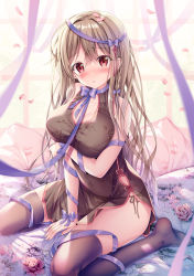 Rule 34 | 1girl, arm support, bad id, bad pixiv id, bare arms, bare shoulders, between legs, black dress, black thighhighs, blush, braid, breast hold, breasts, brown hair, china dress, chinese clothes, cleavage, collarbone, commentary request, dress, flower, hair between eyes, hair intakes, highres, large breasts, long hair, looking at viewer, no shoes, original, panties, parted lips, pelvic curtain, pink flower, purple ribbon, red eyes, ribbon, rose, side-tie panties, sidelocks, sitting, sleeveless, sleeveless dress, solo, sousouman, thighhighs, thighs, underwear, very long hair, wariza