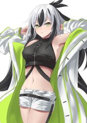 Rule 34 | 1girl, absurdres, bare shoulders, belt, black hair, black shirt, breasts, coat, cropped shirt, fate/grand order, fate (series), green coat, green eyes, hair between eyes, highres, long hair, long sleeves, looking at viewer, medium breasts, midriff, multicolored coat, multicolored hair, nagao kagetora (fate), navel, nigori (keydoor), open clothes, open coat, shirt, shorts, sidelocks, sleeveless, sleeveless shirt, solo, thighs, two-tone coat, two-tone hair, very long hair, white hair, white shorts