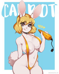 Rule 34 | 1girl, :q, alternate breast size, animal ears, animal nose, areola slip, arm behind back, blonde hair, breasts, bright pupils, brown eyes, cameltoe, carrot (one piece), character name, cleft of venus, collarbone, cowboy shot, dildo, furry, furry female, groin, hair between eyes, hand up, highres, holding, holding sex toy, large breasts, looking at viewer, medium hair, navel, one piece, rabbit ears, rabbit girl, rabbit tail, sex toy, slingshot swimsuit, smile, solo, stomach, strap gap, swimsuit, tail, tongue, tongue out, watermark, white pupils, ziffir
