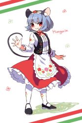 Rule 34 | 1girl, animal ears, european clothes, eyebrows, flower, grey hair, highres, hungarian clothes, kozakura (dictionary), mary janes, mouse ears, mouse tail, nazrin, pantyhose, red eyes, revision, shoes, short hair, smile, solo, tail, thick eyebrows, touhou, traditional clothes