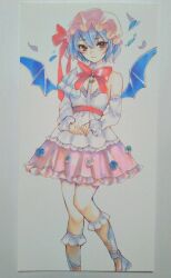 Rule 34 | 1girl, adapted costume, bare shoulders, bat wings, blue eyes, blue hair, bow, bowtie, breasts, cismlyri, closed mouth, dress, full body, half capelet, highres, knees together feet apart, light smile, nail polish, purple nails, red bow, red bowtie, remilia scarlet, short hair, small breasts, solo, standing, touhou, white dress, wings