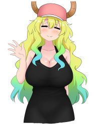 Rule 34 | 1girl, blonde hair, blush, breasts, cleavage, closed eyes, hat, highres, horns, kobayashi-san chi no maidragon, large breasts, long hair, looking at viewer, lucoa (maidragon), multicolored hair, simple background, smile, solo, the only shoe, waving