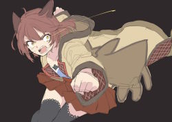 Rule 34 | 1girl, amane rosylily, animal ears, bad id, bad twitter id, black background, black thighhighs, blue camisole, brown coat, brown eyes, brown hair, brown skirt, camisole, clenched hands, coat, collarbone, commentary request, eye trail, feet out of frame, highres, hood, hood down, hooded coat, light trail, long sleeves, open clothes, open coat, open mouth, original, pleated skirt, sekira ame, simple background, skirt, solo, thighhighs, v-shaped eyebrows, wide-eyed