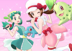 Rule 34 | 2girls, aqua dress, aqua eyes, aqua hair, armlet, armpits, bare shoulders, boots, bow, breasts, brown eyes, brown hair, cabbie hat, chikorita, child, clenched hands, creatures (company), dress, dress bow, eyelashes, female focus, fingernails, flat chest, friends, from behind, game freak, gen 2 pokemon, gen 4 pokemon, hand up, hands up, happy, hat, holding, holding microphone, idol, index finger raised, kris (pokemon), legs, long hair, looking at viewer, looking back, low twintails, lyra (pokemon), matching hair/eyes, microphone, multiple girls, neck, nintendo, one eye closed, open mouth, parted bangs, pink background, pink dress, pokemon, pokemon (creature), pokemon gsc, pokemon hgss, sash, shiny clothes, shiny skin, short dress, short shorts, shorts, shorts under skirt, sidelocks, size difference, sleeveless, sleeveless dress, small breasts, smile, standing, standing on one leg, thigh boots, thighhighs, thighs, totodile, turning head, twintails, wink