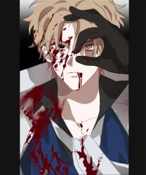 Rule 34 | 1boy, ascot, black eyes, black gloves, blonde hair, blood, blood on clothes, blood on face, closed mouth, commentary request, gloves, korean commentary, looking at viewer, male focus, ok sign, one piece, orange eyes, sabo (one piece), scar, scar across eye, scar on face, short hair, solo, white ascot, wneih07