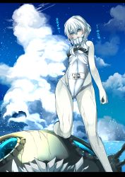 Rule 34 | 10s, 1girl, absurdres, abyssal ship, alternate costume, blue eyes, blush, breasts, cameltoe, character name, cloud, colored skin, day, unworn headwear, highres, kantai collection, looking at viewer, ocean, one-piece swimsuit, rathke, short hair, small breasts, solo, swimsuit, translated, wet, white hair, white skin, wo-class aircraft carrier