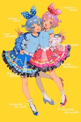 Rule 34 | 1boy, 1girl, :d, belt, blue bow, blue eyes, blue footwear, blue hair, blue nails, blue shirt, blue skirt, blush, bow, braid, breasts, brother and sister, commentary request, crossdressing, dorothy west, frilled skirt, frills, full body, high heels, highres, idol clothes, jacket, looking at viewer, nail polish, niku (onikujunjuwa), off shoulder, open mouth, pink eyes, pink hair, pink nails, pink skirt, pleated skirt, polka dot, polka dot bow, polka dot socks, pretty series, pripara, red bow, red footwear, reona west, shirt, short hair, short sleeves, siblings, side braid, skirt, small breasts, smile, socks, standing, t-shirt, tongue, tongue out, translation request, trap, twins, v, white belt, white socks, yellow background, yellow bow