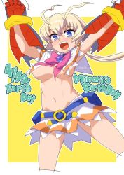 Rule 34 | 1girl, amanohara minori, arcana heart, arcana heart 3, blonde hair, breasts, large breasts, legs, looking at viewer, midriff, nalia, navel, open mouth, purple eyes, short hair, skirt, smile, solo, thighs, underboob