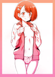 Rule 34 | 1girl, breasts, closed mouth, collarbone, flower, hair flower, hair ornament, hairclip, hanadera nodoka, healin&#039; good precure, highres, jacket, kazuma muramasa, looking at viewer, monochrome, open clothes, open jacket, orange theme, panties, pink theme, plaid, plaid panties, precure, short hair, signature, simple background, small breasts, solo, underwear, white background