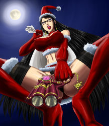 Rule 34 | 1girl, bare shoulders, bayonetta, bayonetta (series), bayonetta 1, black hair, blue eyes, boots, breasts, christmas, cleavage cutout, clothing cutout, covered erect nipples, earrings, elbow gloves, eyeshadow, female focus, from below, fur trim, glasses, gloves, gun, handgun, hat, high heels, highres, huge breasts, jewelry, lace, lace-trimmed legwear, lace-trimmed panties, lace trim, lipstick, long hair, makeup, midriff, ml, mole, mole under mouth, moon, open mouth, panties, pantyshot, pov, red gloves, santa costume, santa hat, shoes, solo, spread legs, squatting, thigh boots, thighhighs, underwear, upskirt, very long hair, weapon