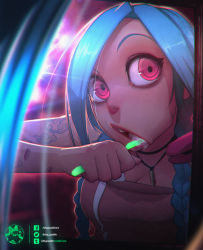 Rule 34 | 1girl, arm tattoo, blue hair, braid, highres, jinx (league of legends), kitty puddin, league of legends, lipstick, makeup, pink eyes, solo, tattoo, toothbrush in mouth, twin braids