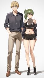 Rule 34 | 1boy, 1girl, anteiru, bare legs, belt buckle, black footwear, black jacket, black shirt, black shorts, blonde hair, blush, breasts, brown pants, buckle, casual, cleavage, contemporary, crop top, fishnet top, fishnets, full body, glasses, green hair, grey-framed eyewear, hand in pocket, highres, jacket, jacket partially removed, land (sousou no frieren), large breasts, looking at viewer, navel, pants, see-through, see-through cleavage, shirt, short hair, short shorts, shorts, side ponytail, sideways glance, simple background, sousou no frieren, stomach, ubel (sousou no frieren), white background