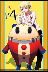 Rule 34 | 1boy, arm support, atlus, bad id, bad pixiv id, bear, black eyes, blonde hair, blue eyes, copyright name, dual persona, eyelashes, flower, frills, hand on own cheek, hand on own face, kuma (persona 4), leaning, looking at viewer, male focus, official style, outline, pants, persona, persona 4, red flower, red rose, rose, smile, spiked hair, standing, standing on one leg, swept bangs, unbuttoned, yellow background