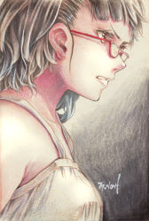 Rule 34 | 10s, 1girl, brown eyes, brown hair, clenched teeth, eyelashes, glasses, gradient background, highres, kantai collection, millipen (medium), portrait, profile, roma (kancolle), serious, short hair, signature, solo, teeth, tesun (g noh), traditional media, watercolor pencil (medium)
