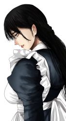 Rule 34 | 1girl, apron, black dress, black hair, dress, from side, grey eyes, highres, hoshi san 3, long hair, maid apron, mole, mole under eye, mole under mouth, original, parted lips, profile, simple background, solo, upper body, white apron, white background