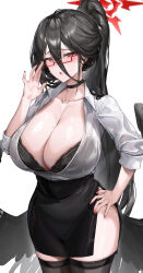 Rule 34 | 1girl, :o, absurdres, alternate costume, bespectacled, black choker, black hair, black skirt, black thighhighs, blue archive, blush, breasts, choker, collarbone, cowboy shot, glasses, halo, hand up, hasumi (blue archive), highres, huge breasts, long hair, looking at viewer, nail polish, open mouth, ponytail, red eyes, red halo, samart, shirt, shirt tucked in, simple background, skirt, solo, thighhighs, white background, white shirt