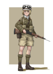 Rule 34 | 1girl, absurdres, belt, belt pouch, black footwear, blonde hair, bolt action, boots, border, brown background, brown eyes, brown shorts, commentary, english commentary, foreign legion, freckles, free french, full body, goggles, goggles on headwear, green jacket, green socks, gun, hat, highres, holding, holding gun, holding weapon, jacket, kneehighs, looking at viewer, mardjan, mas-36, military, military uniform, original, outside border, pouch, rifle, scarf, shadow, shorts, simple background, smile, socks, soldier, solo, standing, suspender shorts, suspenders, uniform, weapon, white border, white hat, white scarf