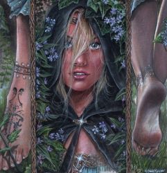 Rule 34 | 1girl, artist request, barefoot, blonde hair, blue eyes, brooch, cape, circlet, dirty, dirty feet, dress, feet, flower, grass, hood, jewelry, nature, non-web source, realistic, soles, source request, tattoo, toes, traditional media