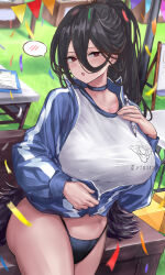 Rule 34 | 1girl, :o, absurdres, black choker, black hair, black panties, blue archive, blush, breasts, choker, commentary, confetti, gym shirt, gym uniform, hair between eyes, hasumi (blue archive), hasumi (track) (blue archive), highres, huge breasts, jacket, long bangs, looking at viewer, mole, mole under eye, navel, nuo (fttv3255), panties, partially unzipped, red eyes, shirt, solo, spoken blush, stomach, track jacket, underwear