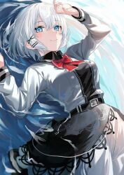 Rule 34 | 1girl, arm at side, artist name, belt, black belt, blue eyes, blush, bow, breasts, closed mouth, collared shirt, day, dress, grey jacket, hair intakes, hair ornament, hairclip, hand up, highres, jacket, large breasts, long sleeves, looking at viewer, outdoors, red bow, red neckwear, shirt, short hair, siesta (tantei wa mou shindeiru), skirt, smile, solo, tantei wa mou shindeiru, water, white hair, x hair ornament