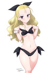 Rule 34 | 1girl, artist name, assam (girls und panzer), bikini, black bikini, blonde hair, blue eyes, blush, breasts, cameltoe, closed mouth, collarbone, dated, feet out of frame, female focus, girls und panzer, hair ornament, hair ribbon, highres, kuzuryuu kennosuke, long hair, looking at viewer, ribbon, simple background, small breasts, smile, solo, standing, swimsuit, white background