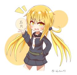 Rule 34 | 1girl, :d, absurdres, belt, black serafuku, black shirt, black skirt, blonde hair, blush, character name, crescent, crescent pin, cropped legs, fang, hair between eyes, hand on own hip, highres, idaten93, kantai collection, long hair, long sleeves, looking at viewer, low twintails, necktie, open mouth, pleated skirt, satsuki (kancolle), school uniform, serafuku, shirt, skirt, sleeves past wrists, smile, solo, tie clip, translated, twintails, twitter username, v-shaped eyebrows, very long hair, white background, white necktie, yellow eyes