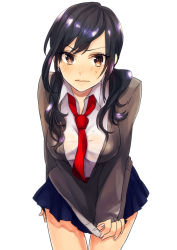 Rule 34 | 1girl, bad id, bad pixiv id, black hair, blush, brown eyes, clothes tug, czc (deko), long hair, low twintails, necktie, original, school uniform, simple background, skirt, solo, sweater, sweater tug, twintails, white background