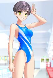 1girl absurdres blue_one-piece_swimsuit blurry commentary_request competition_swimsuit depth_of_field grey_hair grin groin highleg highleg_one-piece_swimsuit highres indoors medium_hair one-piece_swimsuit original poolside racerback salute short_hair smile solo striped_clothes striped_one-piece_swimsuit swimsuit takafumi tomboy v variant_set yellow_eyes