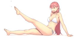 Rule 34 | 1girl, akashi (kancolle), alternate costume, arm support, bare arms, bare legs, bare shoulders, barefoot, bikini, blush, breasts, collarbone, commentary request, feet, full body, green eyes, hair ribbon, halterneck, highres, kantai collection, large breasts, leg up, long hair, looking at viewer, one eye closed, open mouth, pink hair, ribbon, side-tie bikini bottom, simple background, sitting, smile, solo, string bikini, swimsuit, tress ribbon, water drop, wet, white background, white bikini, yuuji (and)